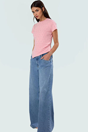 Parıltılı Taş Detaylı Pamuklu Örme T shirt Rahat Şık Yazlık Zarifane Tasarım Trend