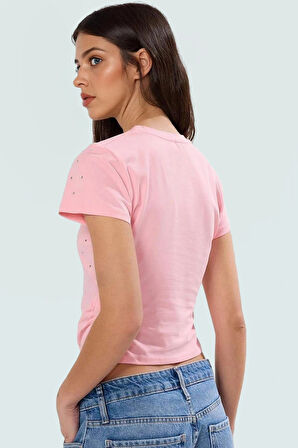 Parıltılı Taş Detaylı Pamuklu Örme T shirt Rahat Şık Yazlık Zarifane Tasarım Trend