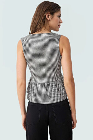 Yazlık Casual Ekose Peplum Bluz Bağcıklı Bisiklet Yaka Polyester Uzun Ömürlü