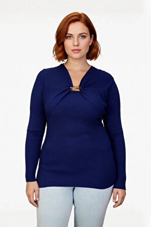 Kadın Şık Fitted Fitilli Triko Kazak Aksesuar Detaylı V Yaka Tasarımı İle Modern Görünüm Kaliteli