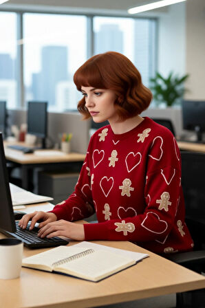 Kadın Günlük Yılbaşı Desenli Uzun Kollu Bisiklet Yaka Regular Kalıp Akrilik Triko Kazak Kaliteli