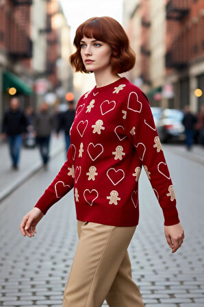 Kadın Günlük Yılbaşı Desenli Uzun Kollu Bisiklet Yaka Regular Kalıp Akrilik Triko Kazak Kaliteli