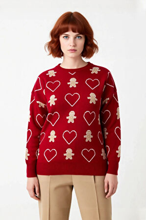 Kadın Günlük Yılbaşı Desenli Uzun Kollu Bisiklet Yaka Regular Kalıp Akrilik Triko Kazak Kaliteli