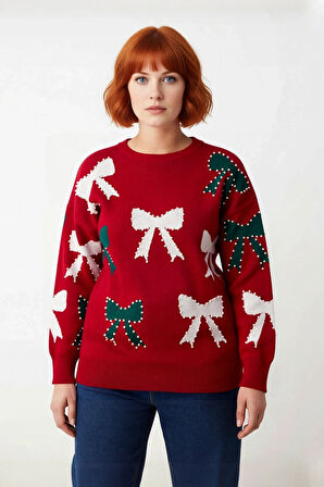 Kadın Yılbaşı Temalı İncili Fiyonk Desenli Bisiklet Yaka Uzun Kol Kalın Regular Fit Akrilik Kazak