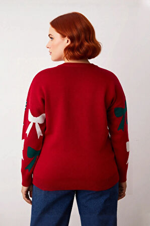 Kadın Yılbaşı Temalı İncili Fiyonk Desenli Bisiklet Yaka Uzun Kol Kalın Regular Fit Akrilik Kazak