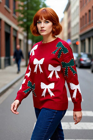 Kadın Yılbaşı Temalı İncili Fiyonk Desenli Bisiklet Yaka Uzun Kol Kalın Regular Fit Akrilik Kazak