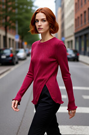 Kadın Standart Kol Bisiklet Yaka Fitilli İnce Triko Kazak Zarif Yırtmaç Detaylı Günlük Stil