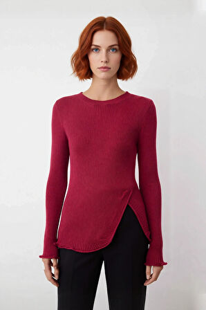 Kadın Standart Kol Bisiklet Yaka Fitilli İnce Triko Kazak Zarif Yırtmaç Detaylı Günlük Stil