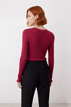 Kadın Standart Kol Bisiklet Yaka Fitilli İnce Triko Kazak Zarif Yırtmaç Detaylı Günlük Stil