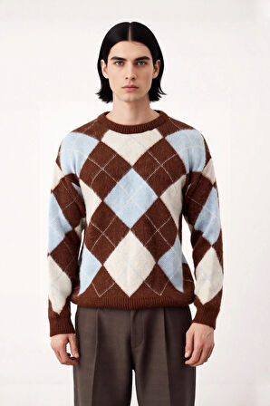 Erkek Günlük Kullanım İçin Bisiklet Yaka Triko Ekose Desenli Regular Kesim Kışlık Kazak İdeal Konfor