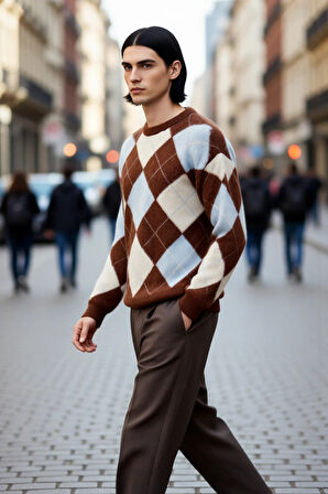 Erkek Günlük Kullanım İçin Bisiklet Yaka Triko Ekose Desenli Regular Kesim Kışlık Kazak İdeal Konfor