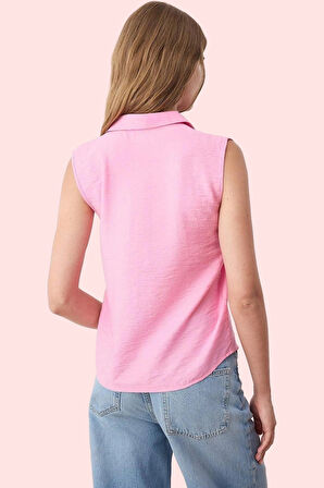 Kadın Regular Kalıp Gömlek Yaka Kolsuz Düz Desen Keten Görünümlü Günlük Şıklık Özel Günler