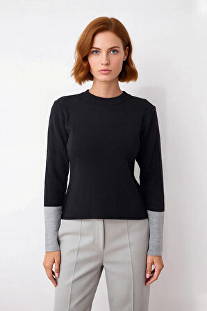 Soğuk Kış Günleri İçin Kadın Regular Kalıp Bisiklet Yaka Uzun Kollu Triko Renk Bloklu Kazak