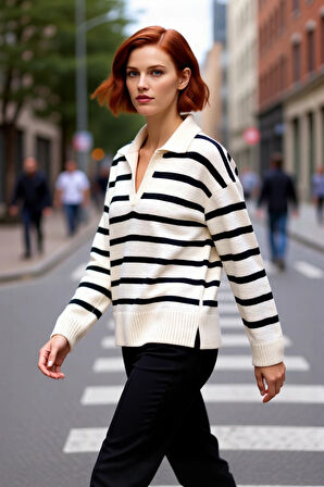 Kadın Triko Polo Yaka Kazak Oversize Kalıp Çizgili Deseniyle Modern ve Konforlu Kış Giyimi