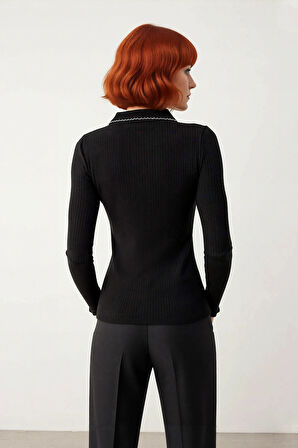 Kadın Uzun Kollu Polo Yaka Triko Kazak Fitted Kesim Cool ve Konforlu Günlük Şıklık Sunar Kaliteli