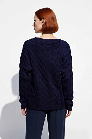 Kadın Saç Örgü Desenli Kayık Yaka Triko Kazak %100 Akrilik Uzun Kollu Regular Kalıp Günlük Kullanım