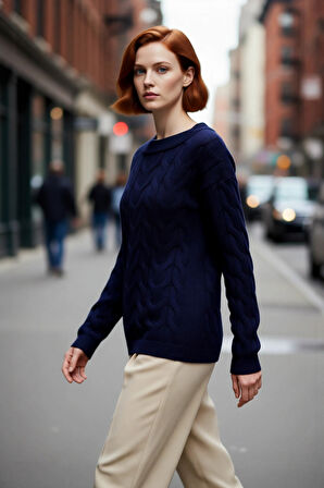 Kadın Saç Örgü Desenli Kayık Yaka Triko Kazak %100 Akrilik Uzun Kollu Regular Kalıp Günlük Kullanım