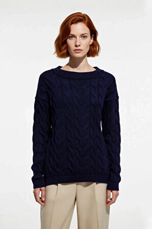 Kadın Saç Örgü Desenli Kayık Yaka Triko Kazak %100 Akrilik Uzun Kollu Regular Kalıp Günlük Kullanım