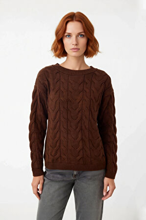 Kadın Saç Örgü Desenli Kayık Yaka Triko Kazak %100 Akrilik Uzun Kollu Regular Kalıp Günlük Kullanım