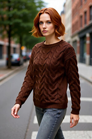 Kadın Saç Örgü Desenli Kayık Yaka Triko Kazak %100 Akrilik Uzun Kollu Regular Kalıp Günlük Kullanım