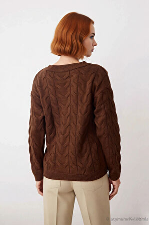 Kadın Saç Örgü Desenli Kayık Yaka Triko Kazak %100 Akrilik Uzun Kollu Regular Kalıp Günlük Kullanım