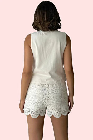 Kadın Pamuk Brode Mini Şort Dokuma Kumaş Yüksek Bel Rahat Yazlık Yaz Aylarının Vazgeçilmezi