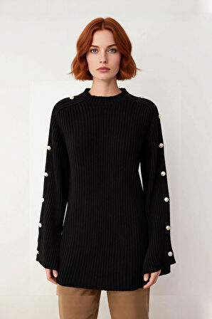 Kadın Uzun Kollu Regular Fit Triko Kazak Bisiklet Yaka Selanik Dokuma İspanyol Kol Detaylarıyla