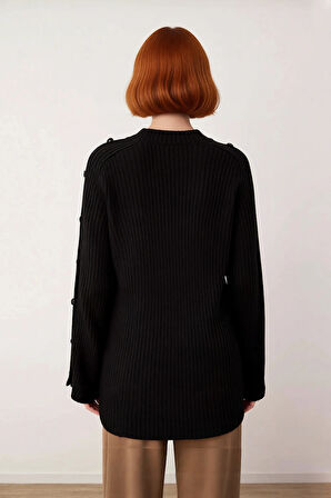 Kadın Uzun Kollu Regular Fit Triko Kazak Bisiklet Yaka Selanik Dokuma İspanyol Kol Detaylarıyla