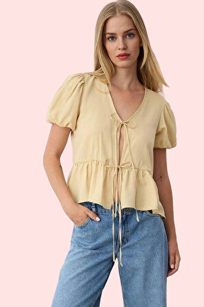 Kadın Şık Gömlek V Yaka Bağlamalı Dokuma Terrycotton Kumaş Günlük Yaz Aylarının Vazgeçilmezi