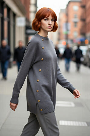 Kadın Regular Kalıp Akrilik Triko Kazak Düz Desen Düşük Kol Bisiklet Yaka Kışlık Şıklık Günlük