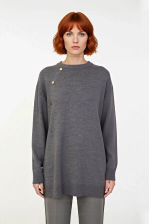 Kadın Regular Kalıp Akrilik Triko Kazak Düz Desen Düşük Kol Bisiklet Yaka Kışlık Şıklık Günlük