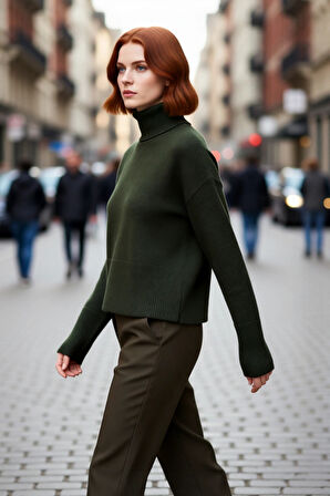 Kadın Crop Boy Oversize Triko Kazak Dik Yaka Standart Kol Düz Desen Yumuşak Dokulu Kış Gardırobu