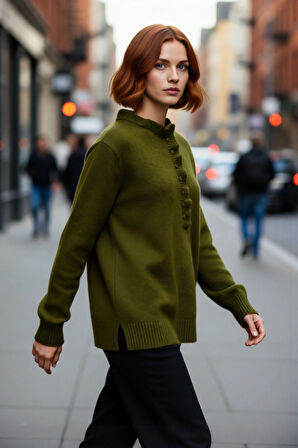 Kadın Yumuşak Dokulu Triko Kazak Regular Kalıp Uzun Kollu Bisiklet Yaka Detaylı Günlük Giyim Şıklığı