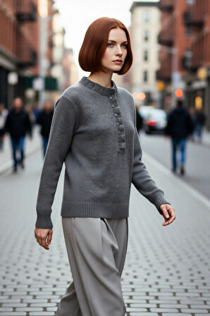 Kadın Yumuşak Dokulu Triko Kazak Regular Kalıp Uzun Kollu Bisiklet Yaka Detaylı Günlük Giyim Şıklığı