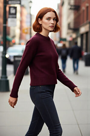 Soğuk Havalar İçin İdeal Kadın Oversize Crop Düşük Kol Bisiklet Yaka Triko Kazak Modeli Kaliteli