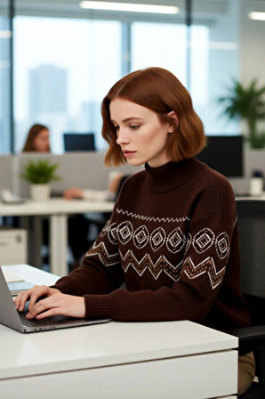 Kadın Dik Yaka Etnik Desenli Regular Kalıp Triko Kazak Uzun Düşük Kollu Kış Gardırobunun Yıldızı