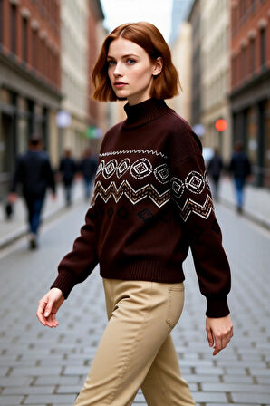 Kadın Dik Yaka Etnik Desenli Regular Kalıp Triko Kazak Uzun Düşük Kollu Kış Gardırobunun Yıldızı