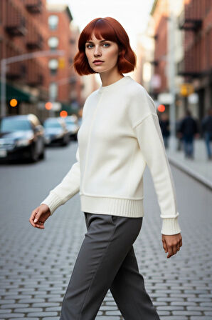 Kadın Soğuk Havaların Kurtarıcısı Oversize Kalın Düz Desen Triko Kazak Düşük Kol Gri Kaliteli