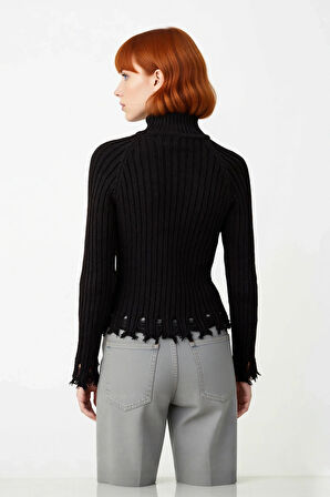 Kadın Şık Fitted Crop Uzun Reglan Kollu Dik Yaka Fitilli Triko Kazak Kış Günleri İçin İdeal Model