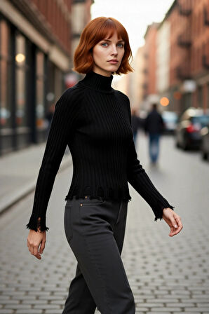 Kadın Şık Fitted Crop Uzun Reglan Kollu Dik Yaka Fitilli Triko Kazak Kış Günleri İçin İdeal Model