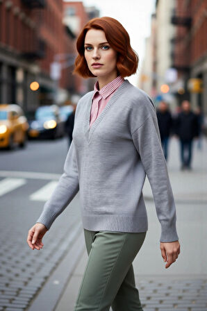 Kadın Oversize V Yaka Triko Kazak Gömlek Garnili Detaylı Sonbahar Kış Şıklığı İçin İdeal Model