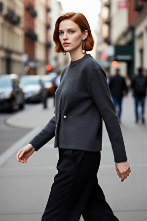 Kadın Akrilik Triko Kazak Regular Kalıp Bisiklet Yaka İnci Detaylı Gündüzden Geceye Konfor