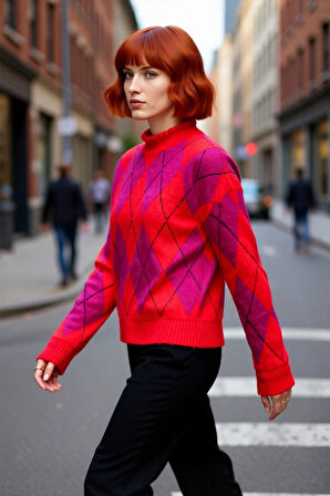 Kadınların Gardırobuna Özel Baklava Desenli Dik Yaka Oversize Triko Kazak Kış Günleri İçin İdeal