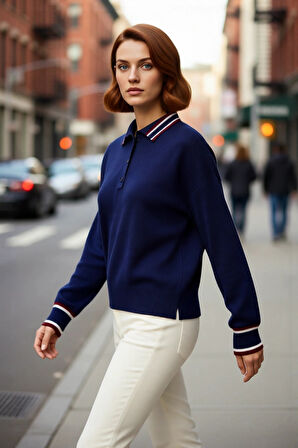 Kadın Lacivert Renk Bloklu Polo Yaka Oversize Triko Kazak Günlük Stil İçin İdeal Düşük Kol Tasarım