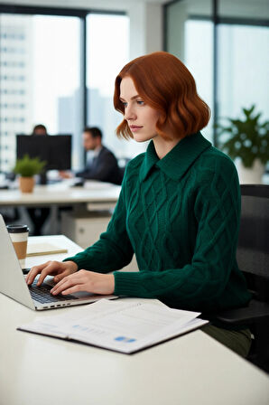 Kadın Ekru Gömlek Yaka Regular Kesim Saç Örgü Desenli Düşük Kol Triko Kazak Günlük Kullanım