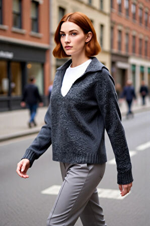 Kadın Yumuşak Dokulu Triko Kazak Oversize Kesim Standart Kol Apaş Yaka İle Modern Kışlık Şıklık