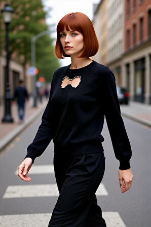 Kadın Triko Kazak Nakış Detaylı Bisiklet Yaka Uzun Kollu Regular Kalıp Kışlık Kombinler İçin İdeal