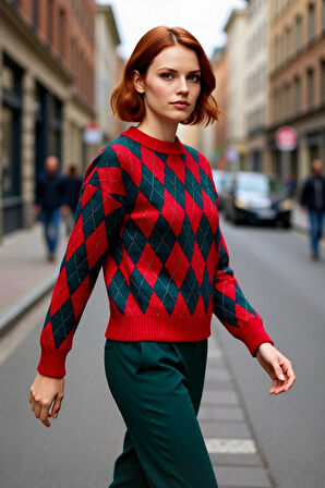 Kadın Şık Gündüz Gece Oversize Kalın Triko Baklava Desenli Bisiklet Yaka Uzun Kol Kazak Kaliteli