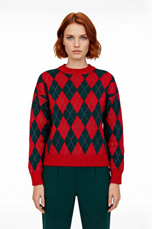 Kadın Şık Gündüz Gece Oversize Kalın Triko Baklava Desenli Bisiklet Yaka Uzun Kol Kazak Kaliteli