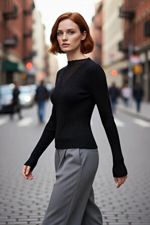 Kadın Zarif Siyah Ribanalı Fitted Kazak Transparan V Yaka Detaylı Günlük Şık Uzun Kollu Kaliteli